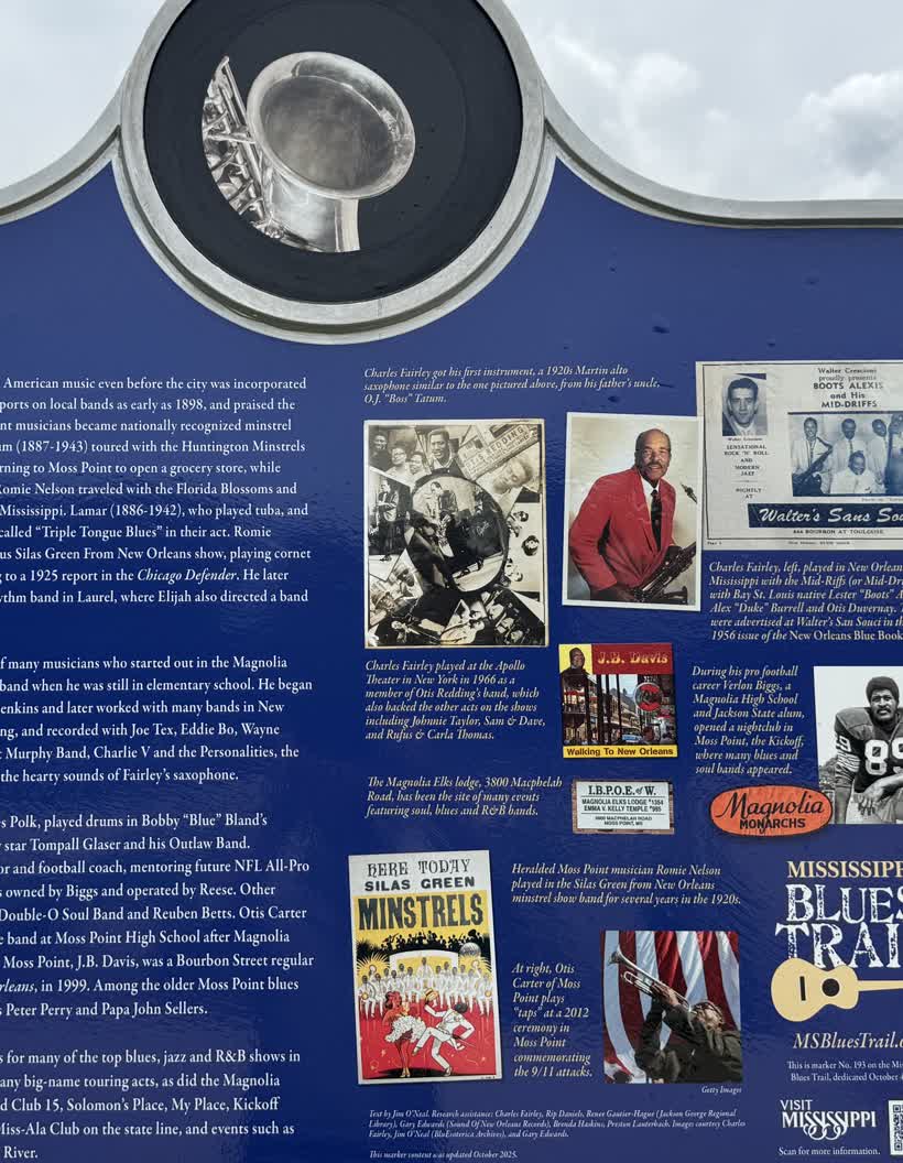 The back of the Moss Point Blues marker, with photographs of the musicians