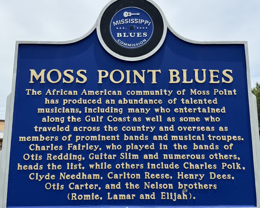 The front of the Moss Point Blues Mississippi Blues Trail marker