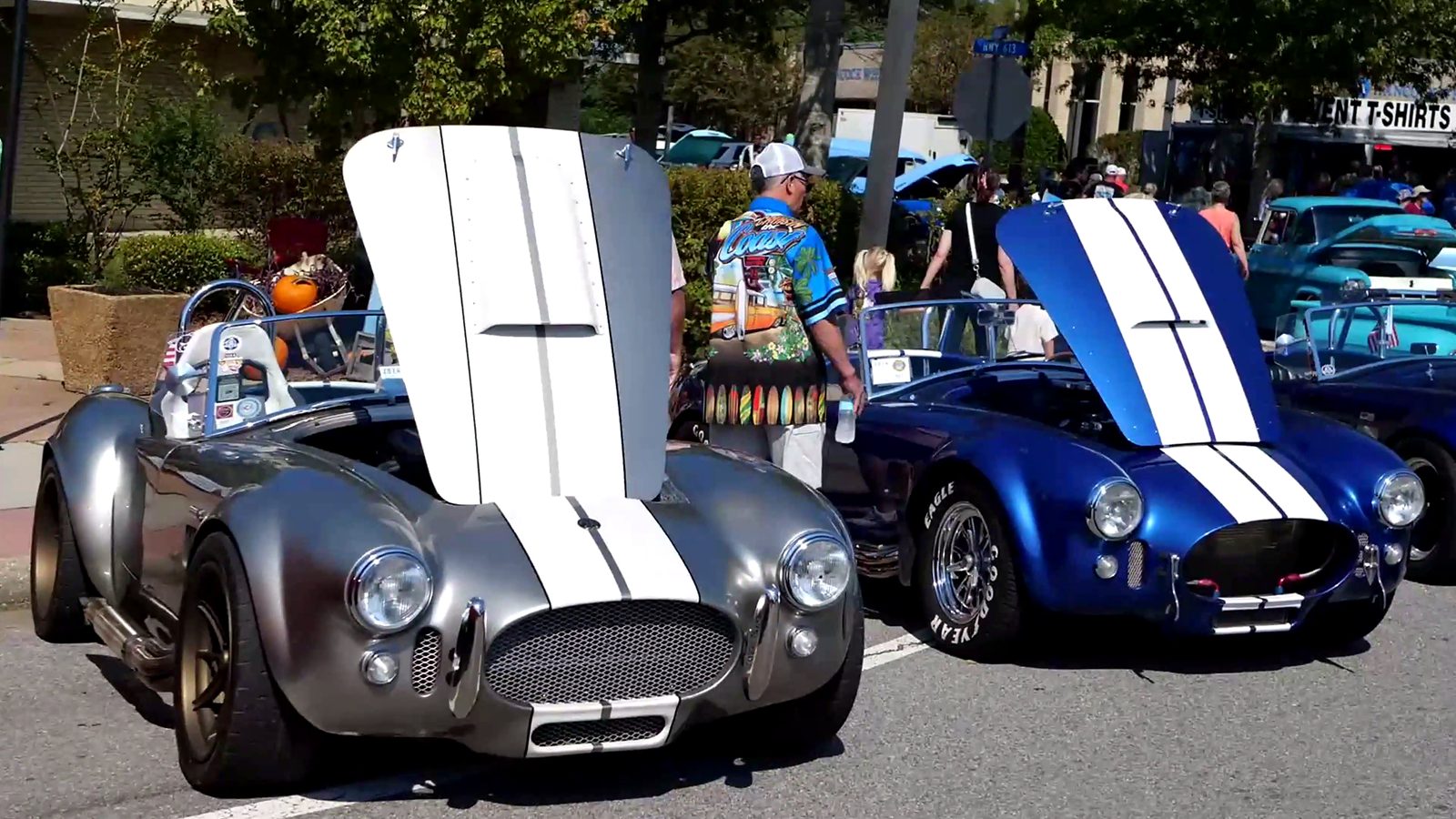 Two Shelby Cobra roadsters side by side with racing stripes