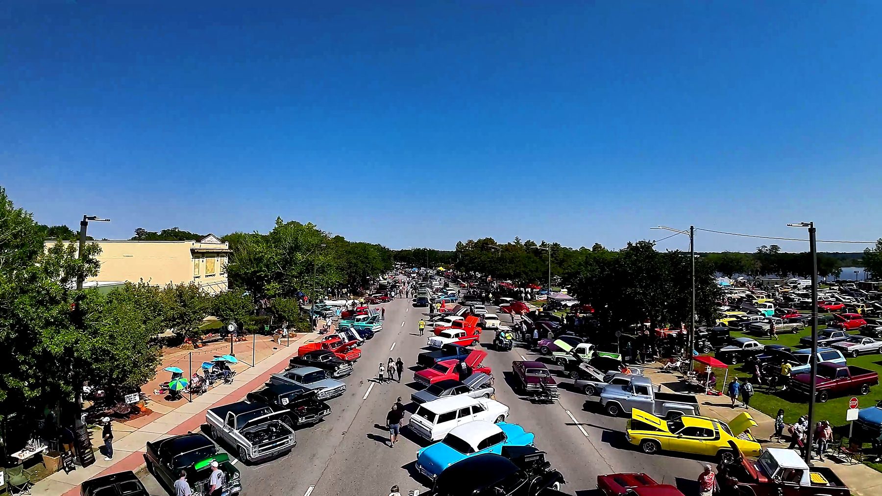 Aerial view of downtown Moss Point with classic cars filling Main Street at Cruisin' the River City