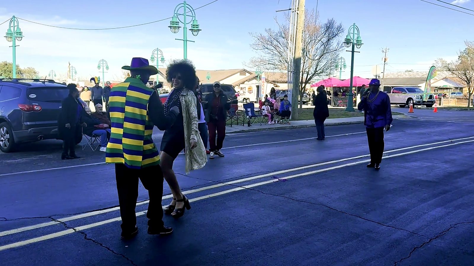 Parade goers in Mardi Gras colors on the street