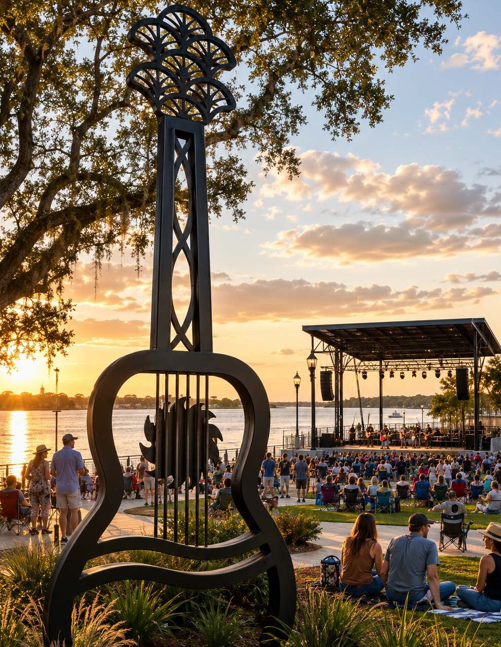 The River City Guitar, a tall steel guitar sculpture at Riverfront Park at sunset with the stage and river behind it