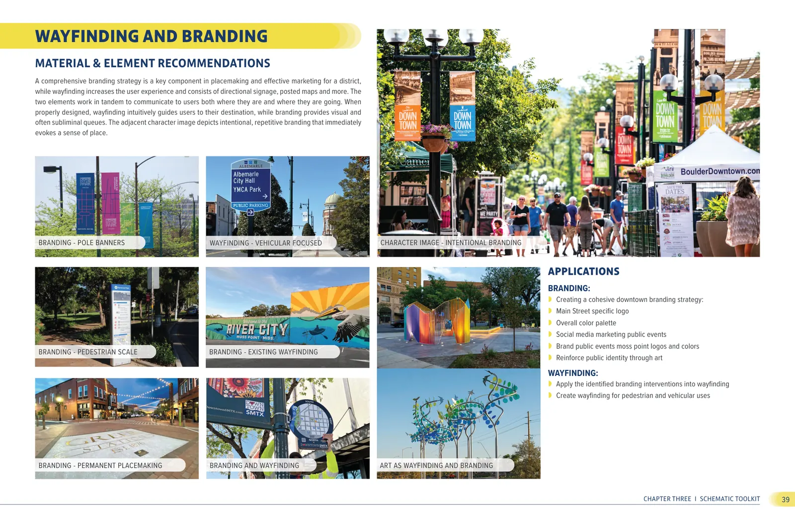 Schematic toolkit page on wayfinding and branding, with examples of pole banners, pedestrian signage, public art, and a photo of the River City mural