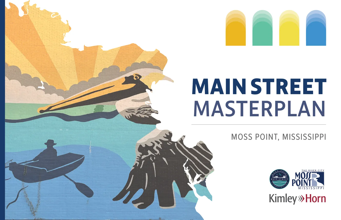 Cover of the Main Street Masterplan for Moss Point, Mississippi, featuring the River City pelican mural