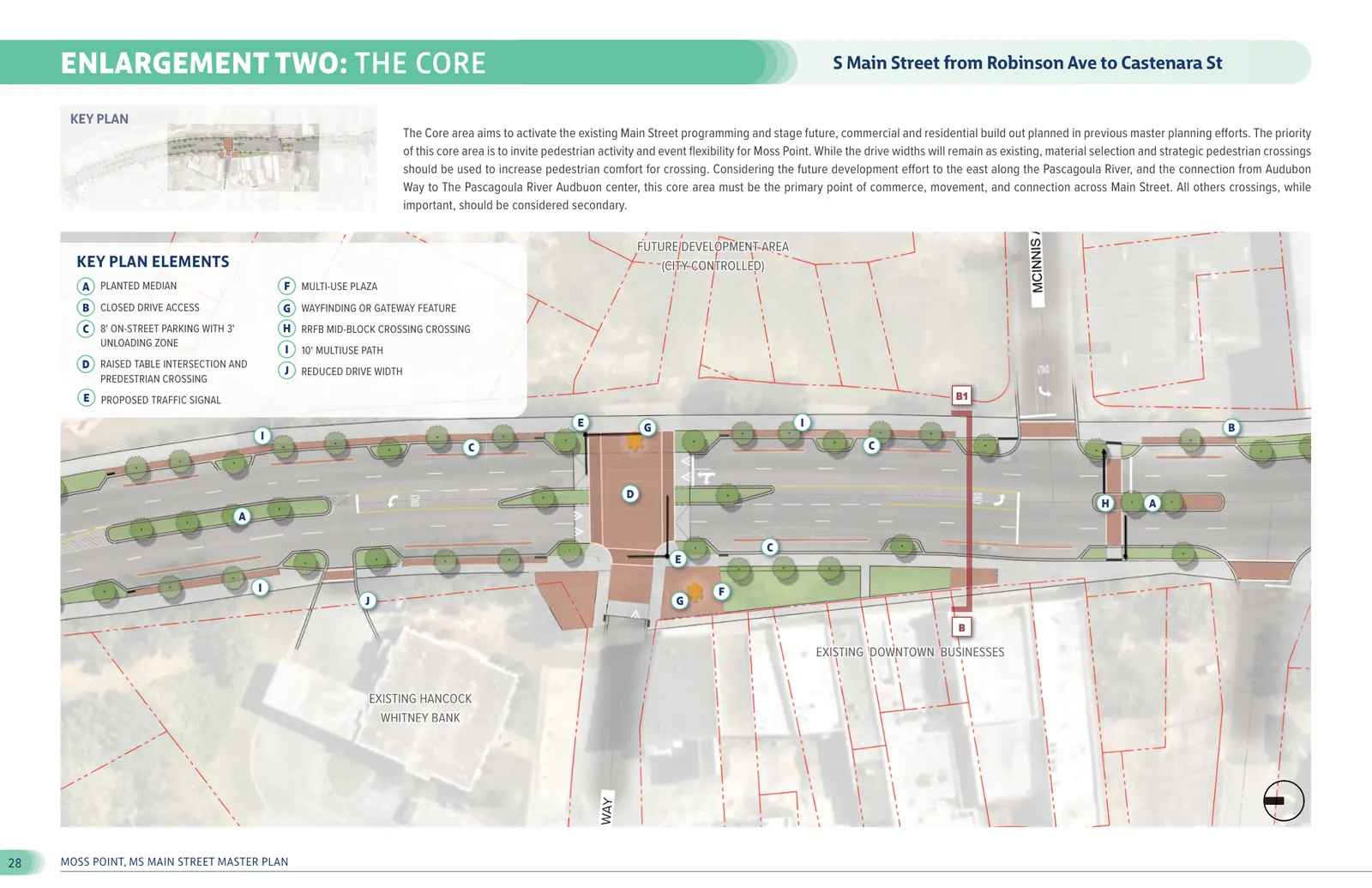 Detailed enlargement drawing of the Core with a raised table intersection, multi-use plaza, protected on-street parking, and a proposed traffic signal near Audubon Way