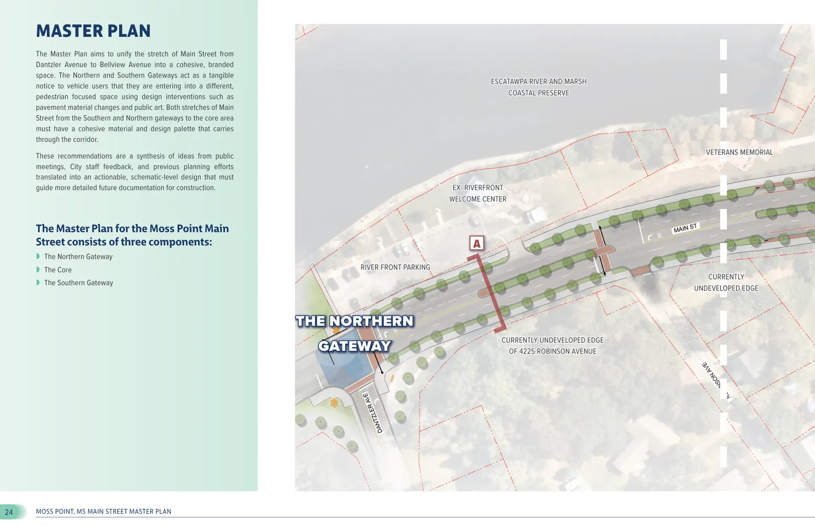 Aerial master plan drawing of the Northern Gateway where Main Street meets Dantzler Avenue by the riverfront, with new street trees and a painted intersection