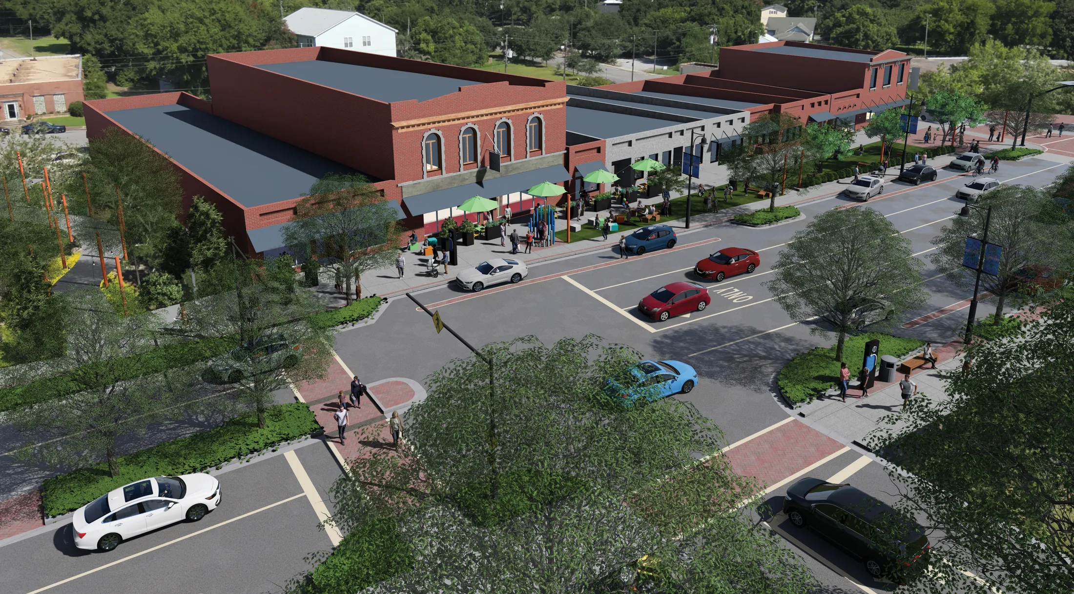 Rendering of the proposed Main Street core in downtown Moss Point, with brick storefronts, wide new sidewalks, street trees, umbrella-shaded outdoor seating, and cars moving slowly through a calmed street